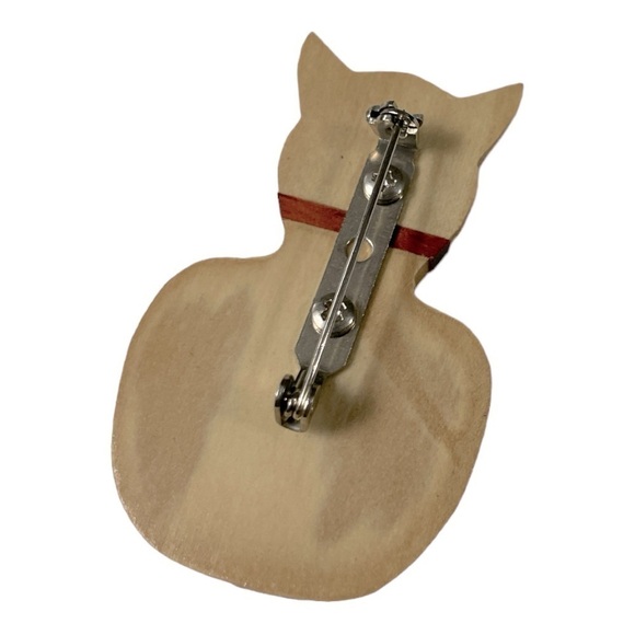 Brooch Pin - Cat - Kitten - Sitting Back View - Light and Dark Brown Wood - Picture 2 of 3
